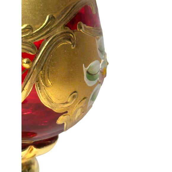 Tre Fuochi Murano Ruby Red Hand Painted Enamel 24KT Gold Overlay Stemware Set-7 - Picture 7 of 10
